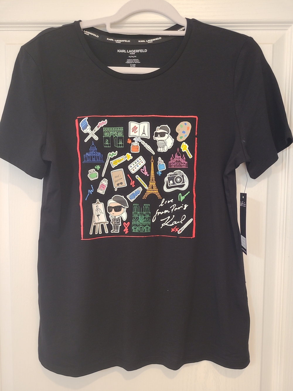 Karl Lagerfeld Paris NWT Iconic Black Tee with Multicolor Graphic Paris Accents